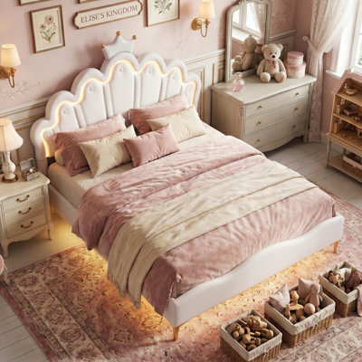Multi-Sizes Upholstered Princess Bed With Dual-Zone Led, PU Leather Height-Adjustable Headboard, Pink/White (90x190, 90x200, 140x200)