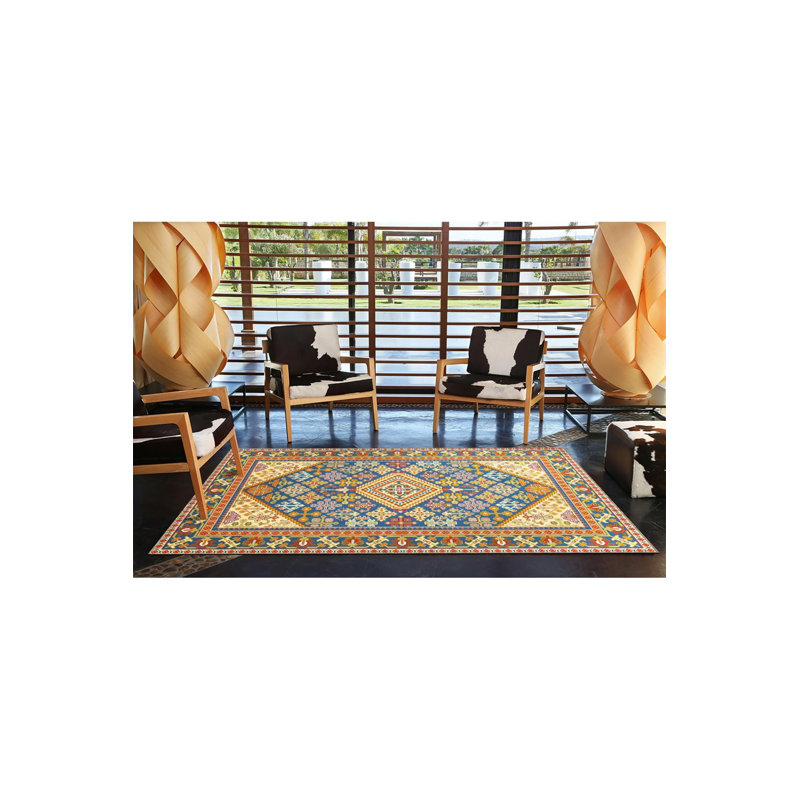 Tapis tissé à motif géométrique bleu clair lavable à la machine, Sous-tapis rond 3 pi 3 po inclus