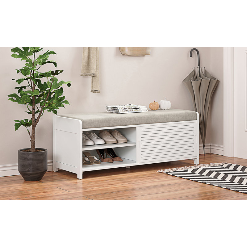 Banc à chaussures avec rangement et coussin, banc de rangement avec charme rétro, banc de vestibule, White