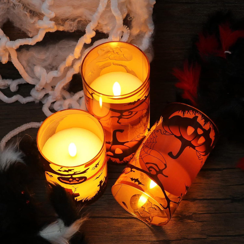 3 Pack Flickering LED Pillar Candles: Orange Glass, Spider Web/Pumpkin Decals, Battery Operated, Flameless, Real Wax