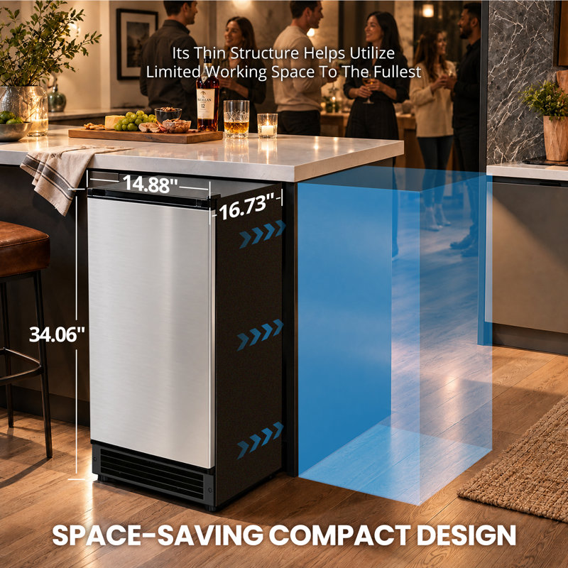 Chichef 15” Undercounter Crescent Ice Maker Machine, 25LBS/24H, Reversible Door
