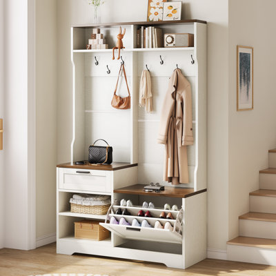Hall Tree With Bench And Storage, Mdf Wood, Embossed White Walnut Wood Grain, 2-Color Combo, For Entryway, Bedroom, Garage by Lark Manor