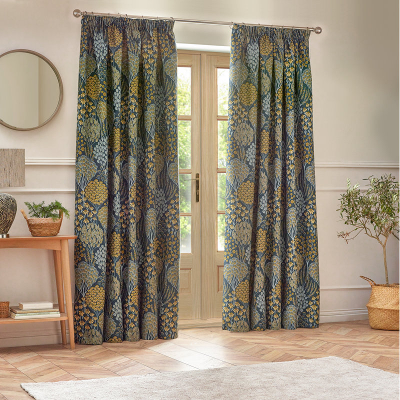 Ophelia Floral Jacquard Pencil Pleat Curtains, Navy, 168cm Width x 183cm Drop