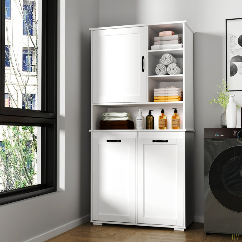 Laundry Cabinet With Doors And Shelf, Tilt-Out Laundry Hamper, Multiple Storage Space, Freestanding Style, Open Shelve, Adjustable Shelf