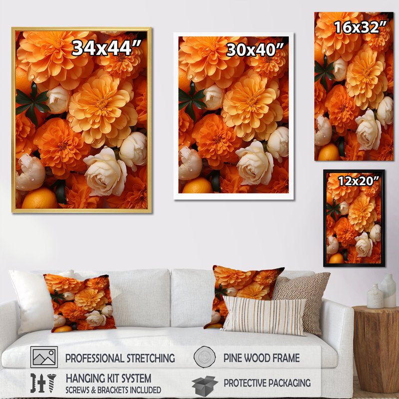 «Orange and White Marigolds Memory» dévoilé sur toile, Cadre flottant noir, H 20 po x l 12 po x P 1 po