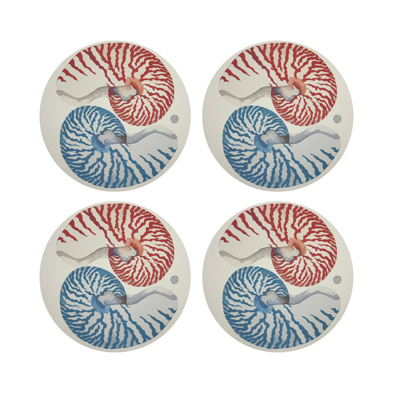 Nautilus Vegan Leather Round Coasters, Coral Turquoise