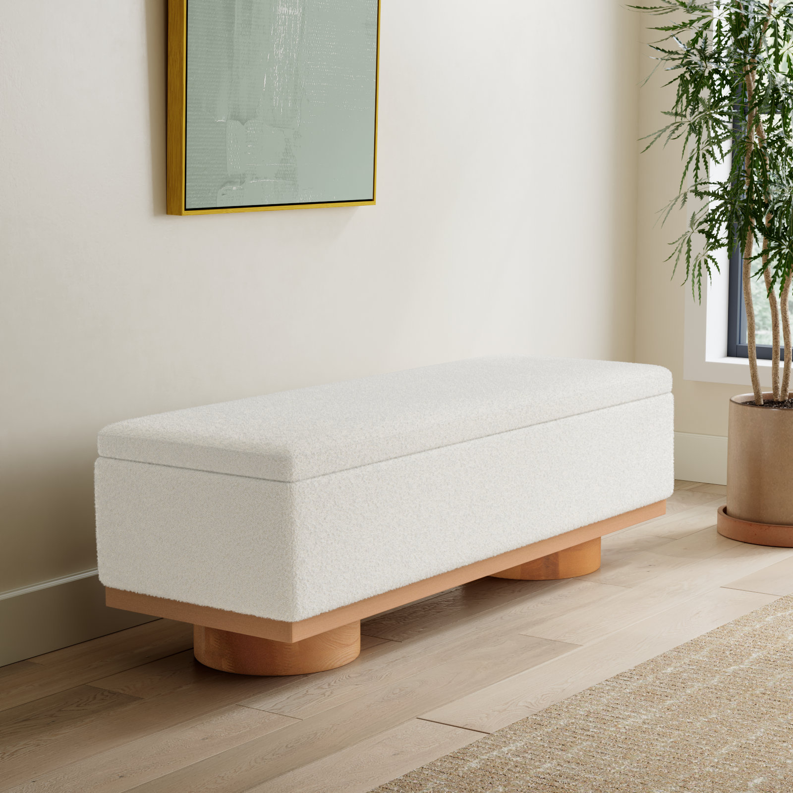 Morje 61" Linen Entryway Bench, Ivory, Natural