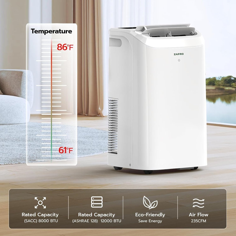 Climatiseur portable ZAFRO Smart, 12 000 BTU (8 000 BTU SACC), 46 dB silencieux, application WiFi et minuterie 24 heures