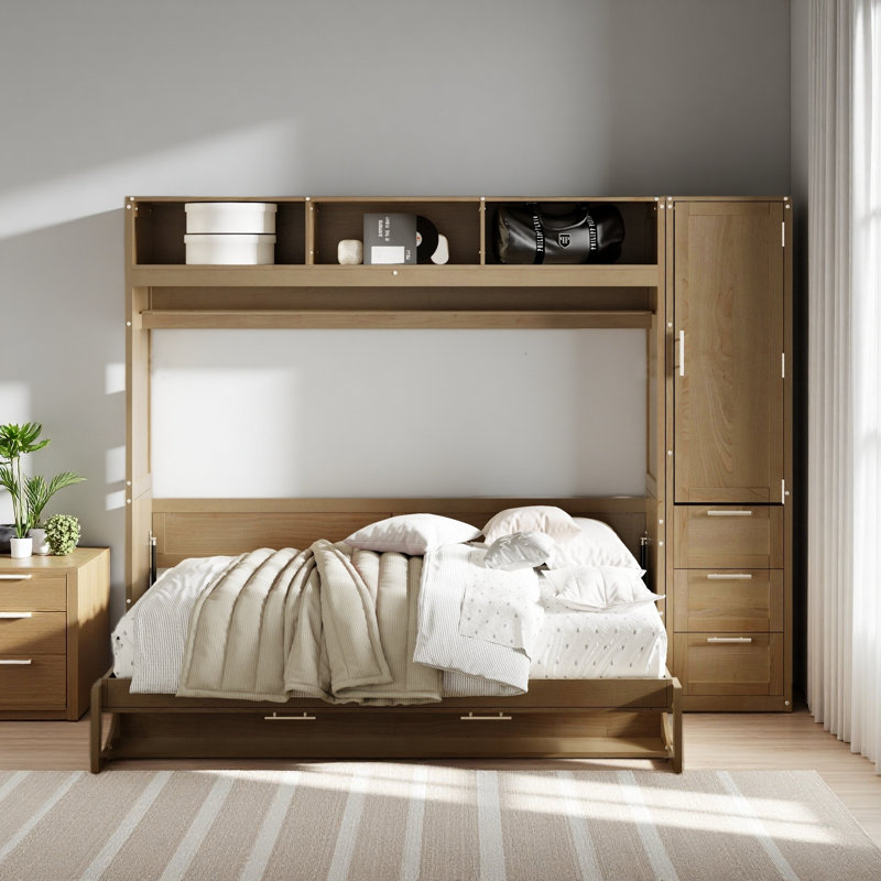 Lit escamotable double avec garde-robe, tiroirs et tablettes ouvertes
