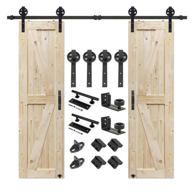 Paneled Wood Unfinished Double Barn Door with Installation Hardware Kit Big Wheel