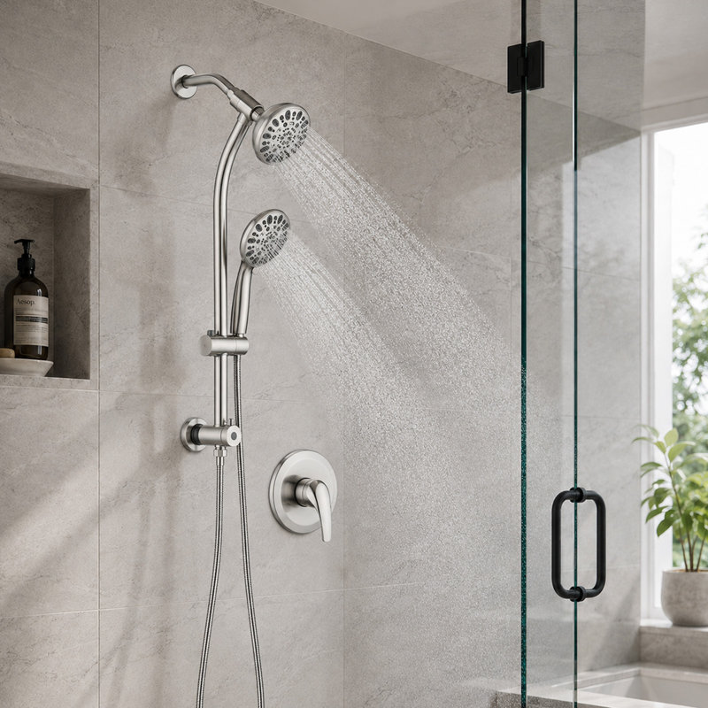 Brushed Nickel Dual Shower Faucet Set with 26 in. Slide Bar and Pressure Balance Valve, Brushed Nickel