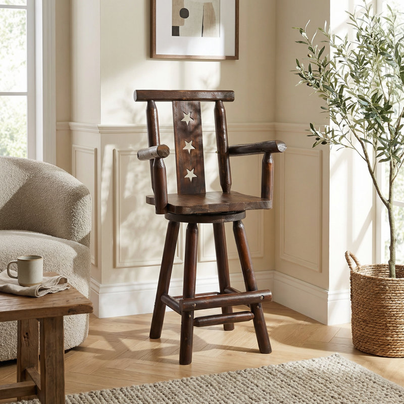 Rustic Swivel Bar Stool with Decorative Star Backrest and Footrest for Kitchen, Dining Room, or Commercial Use