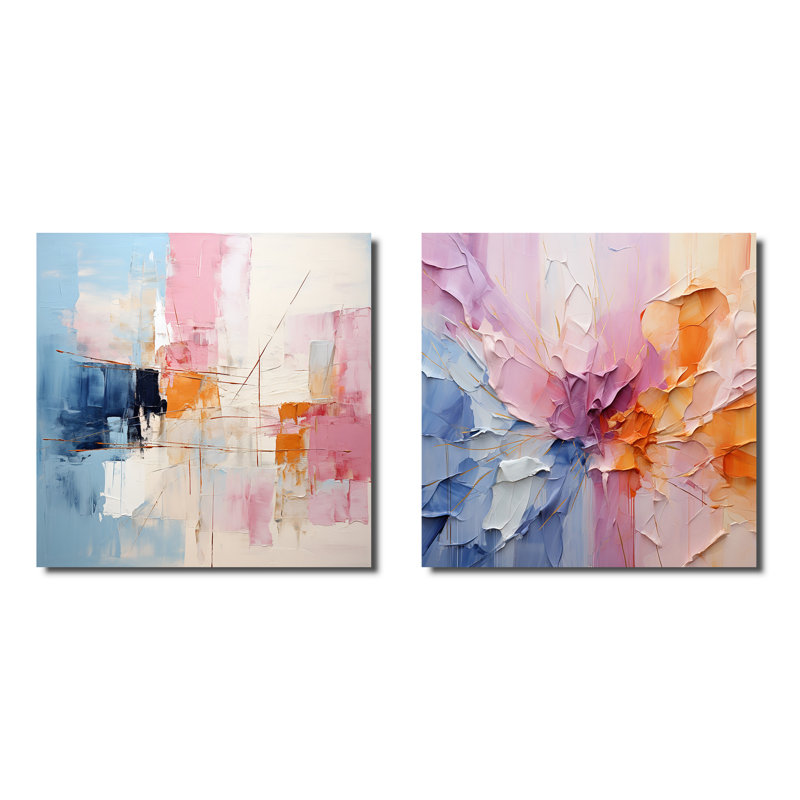 Patchwork abstrait - Ensemble de 2 collages abstraits carrés, H 30 po x l 61 po, Toile tendue