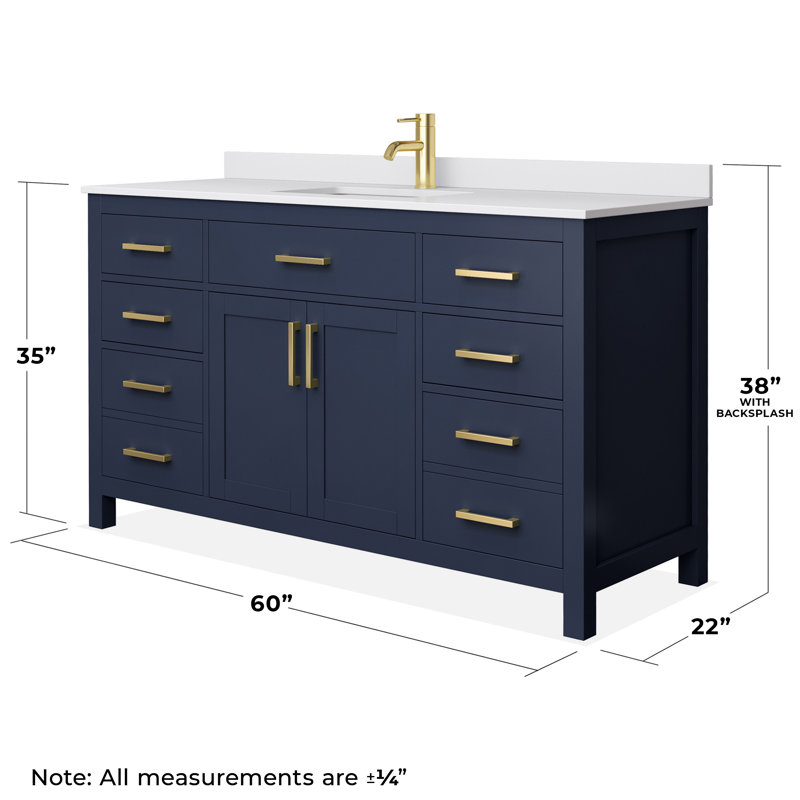 Beckett 60" Single Bathroom Vanity Set, Brushed Gold, White Cultured Marble, Dark Blue