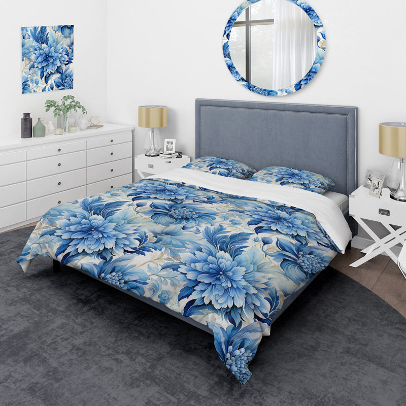 «Blue Watercolor Damask Dahlia Mirage» - Ensemble de housse de couette à motif floral - Microfibre de polyester