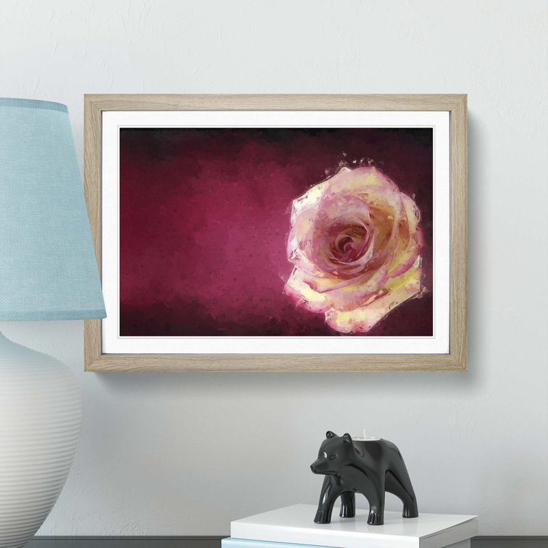 Lone Pink Rose in Abstract - Picture Frame Painting Print, Oak, 50cm H x 76cm W x 2cm D