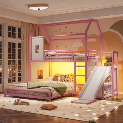 Lit superposé en métal avec glissade et échelle, en forme de maison, avec lumière DEL, rideau, armoire de rangement et tringle, rose
