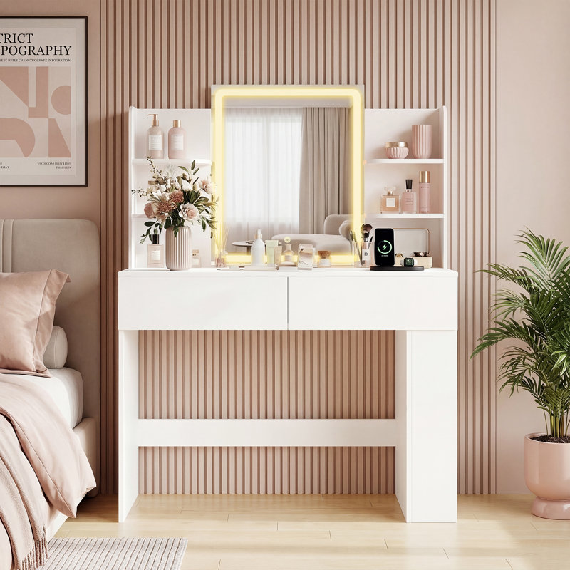Vanity Desk with LED Lighted Mirror, Makeup Vanity with Storage Drawers, Dressing Vanity Set for Bedroom, No, White
