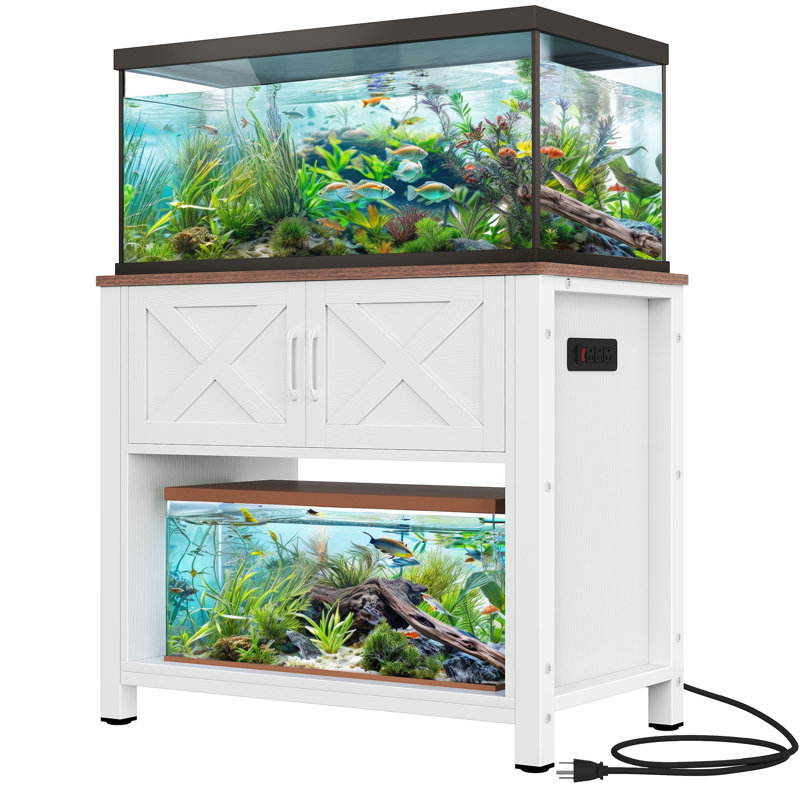 White Heavy Duty Metal Aquarium Stand with Storage Cabinet and LED Light