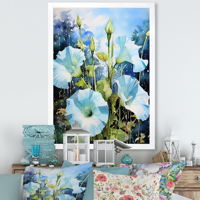 «Blue Morning Glory», art mural Dewy Blooms III, Cadre simple blanc, H 40 po x l 30 po x P 1,5 po