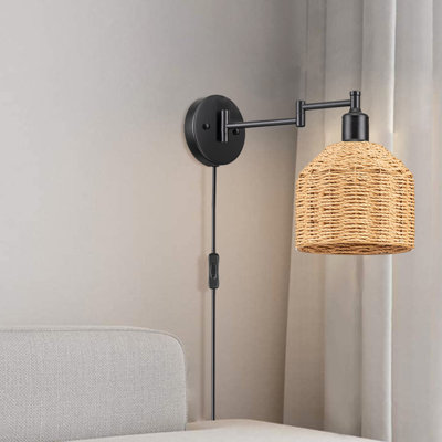 Set Of 2 Wall Sconce With Rattan Lampshade On/off Switch For Bedroom, Living Room, Office