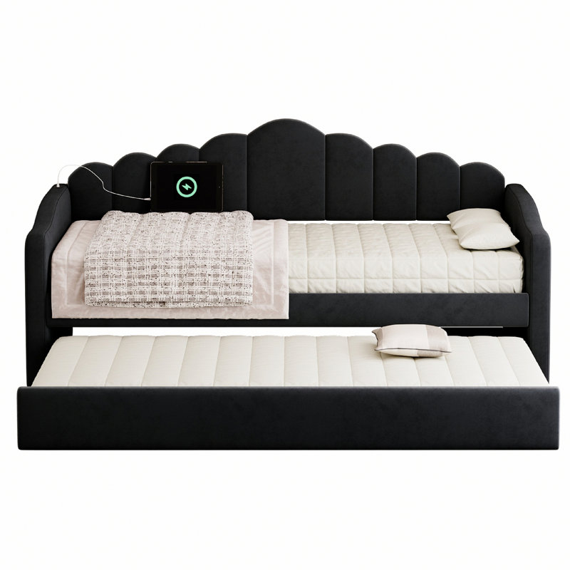 Upholstered Daybed With Trundle And USB Charging Ports, Black