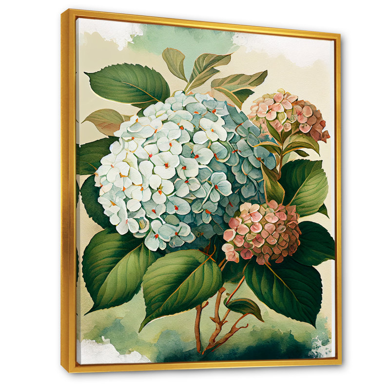 Hydrangena bleu rétro II - art mural floral, H 20 po x l 12 po x P 1 po, Toile avec cadre flottant or