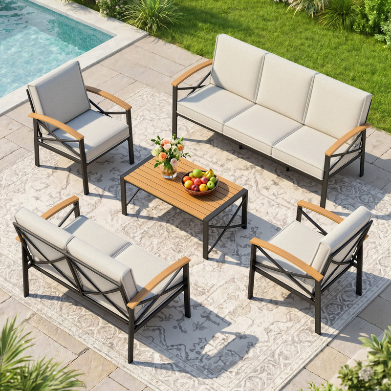 Ensemble de patio pour 7 personnes, ensemble de conversation pour l'extérieur avec coussins résistants aux intempéries, ensemble de mobilier de patio robuste en métal pour la cour, le bord de la piscine