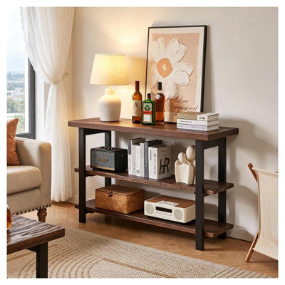 Farmhouse Rustic Console Table, 3-Tier Open Storage Sofa Table, Solid Pine and Rubberwood Construction in Walnut Finish