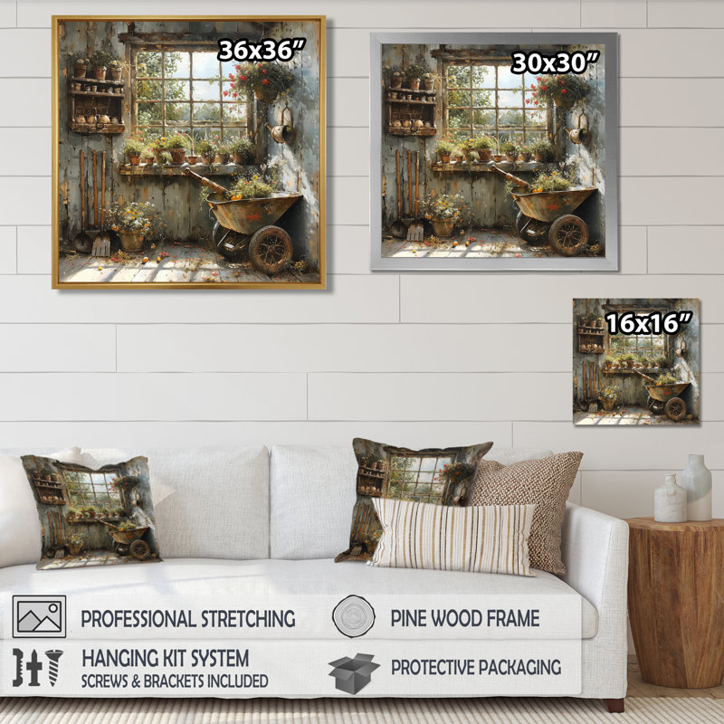 Grey green A rustic charming garden shed - Farm Canvas Print, 16" H x 16" W, Brown Floater Framed