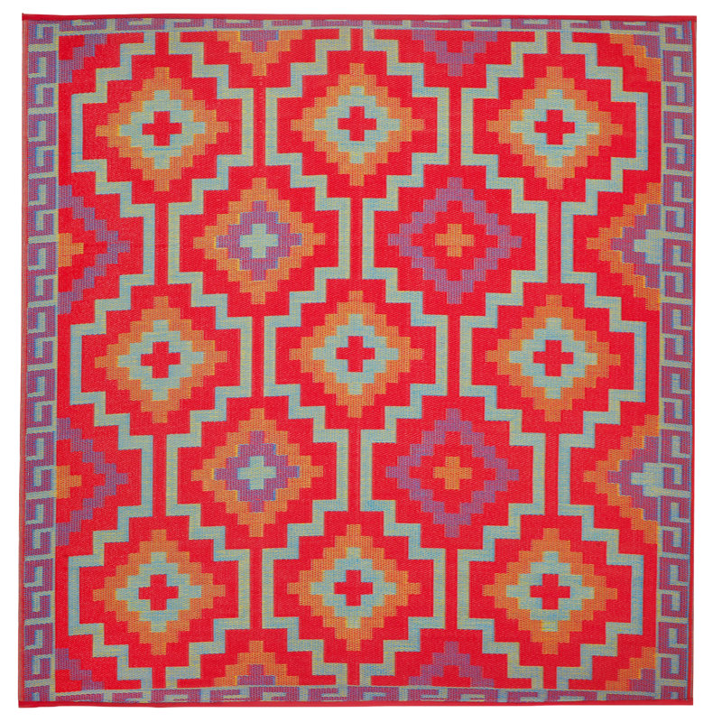 Outdoor Rug Plastic Straw Rug Waterproof Patio Olivama , Square 8', Lhasa - Orange & Violet