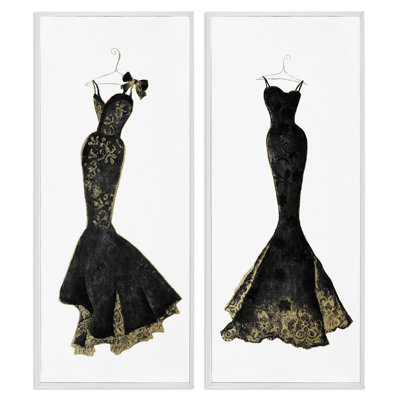 Gilded Black Evening Gowns 2pc Framed Giclee Set, design by Janet Tava
