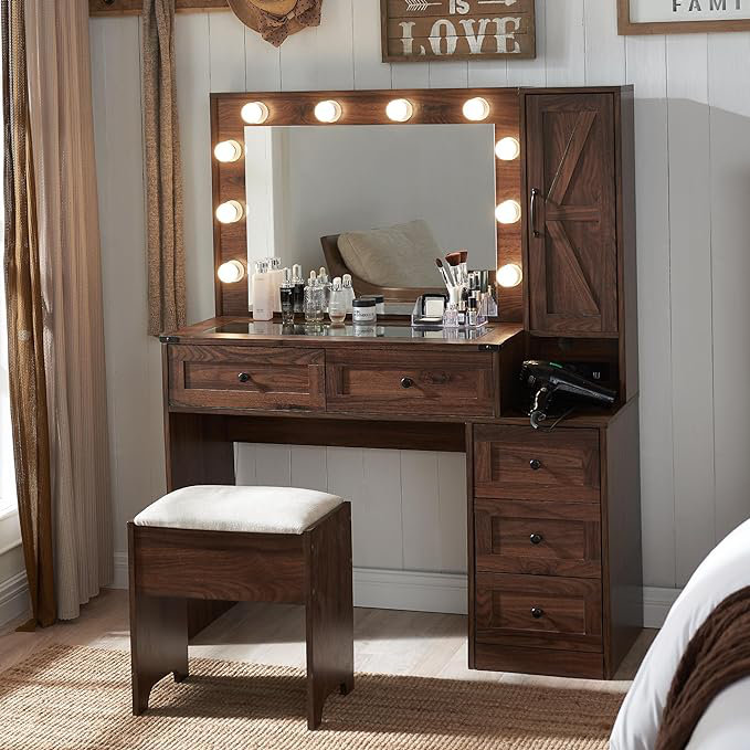 Narvis 43" Makeup Vanity Desk with LED Lighted Mirror & Power Outlet & 5 Drawers, Vanity Set with Stool, Brown