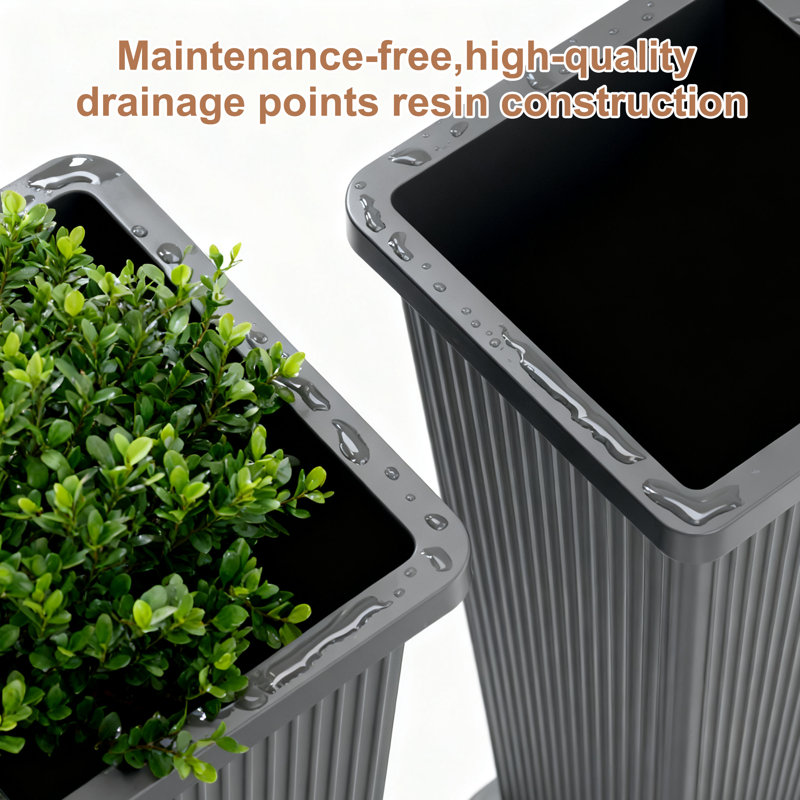 Set of 2 Tall Outdoor Planters, 24" with Drainage & Saucer, Grey, Gray