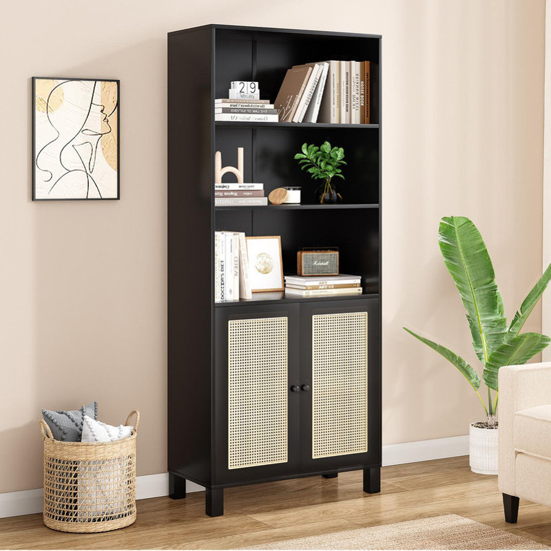 Tall Bookcase with Rattan Doors, 5 Tier Storage Wood Shelves Large Bookshelf for Library, Living Room, Bedroom, Home Office - Freestanding Organizer with Adjustable Shelves, Natural Accent Cabinet