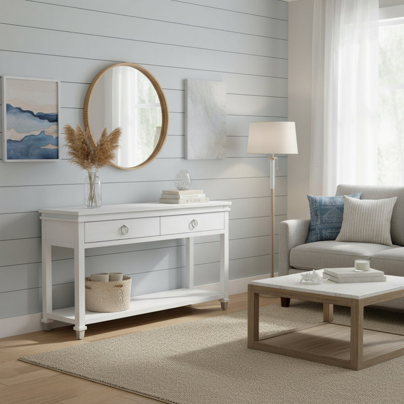 Console à 2 tiroirs Point Breeze - blanc frais avec finition glacis gris doux