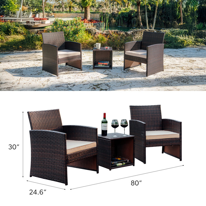 Jacinta 2 - Person Wicker Outdoor Seating Group with Table and Weather Resistant Cushions, Brown/Navy