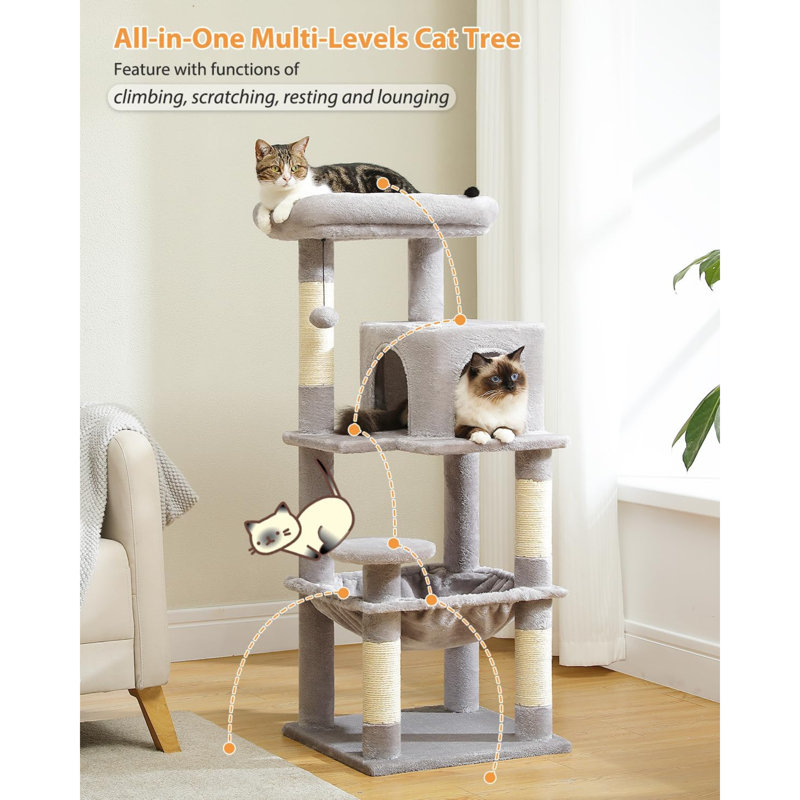 Gray Multi-Level Cat Tree with Sisal Posts and Hammock