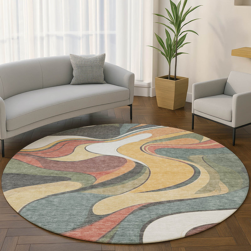 Premium Machine Washable Mayfield  swirls Rug, Gold, 8' Round