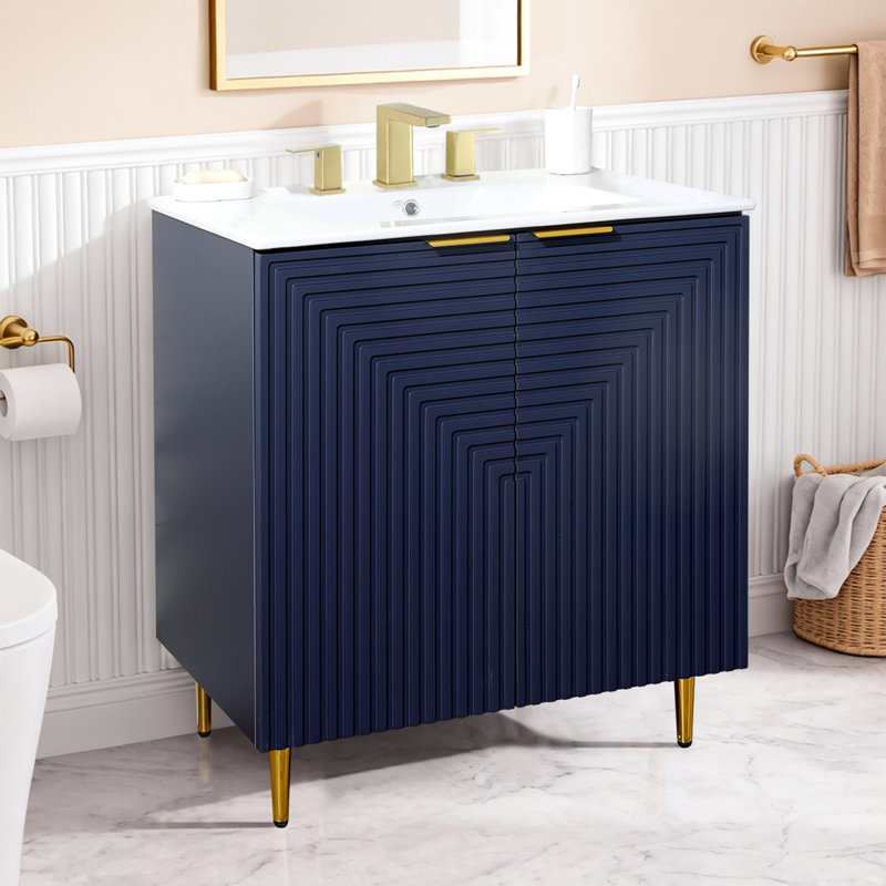 30" Modern Navy Blue Freestanding Single Sink Bathroom Vanity with White Ceramic Top  , Blue