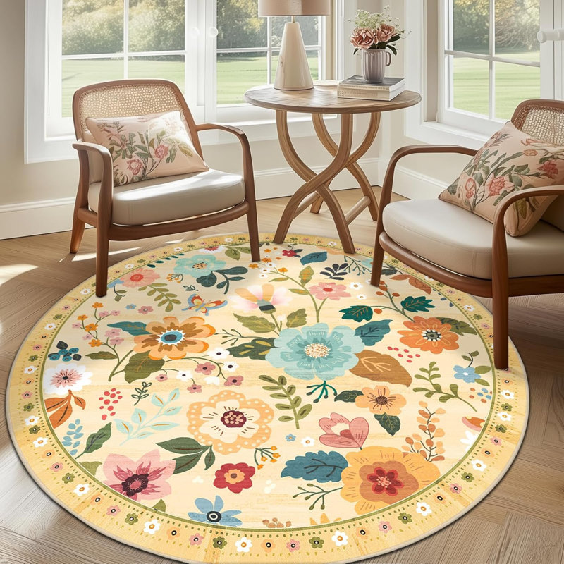 Motif floral de 6 pi avec motif lavable Boho, tapis mignon et antidérapant à fleur pour le salon, la chambre, la cuisine, le bureau, la ferme, l'ivoire et le jaune