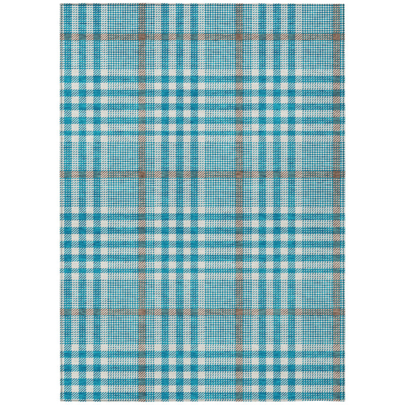 Teal and White Synthetic Washable Rectangular Rug