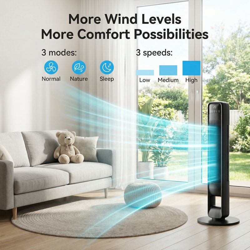 100Cm Tower Fan 3 Speed Oscillating Standing Fan Portable Remote Control Timer