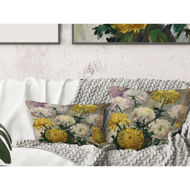 Rectangle, marguerites blanches et dorées - Coussin décoratif à imprimé traditionnel