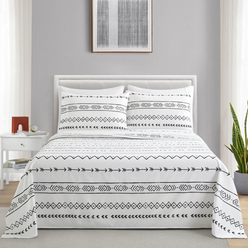 Ensemble de draps en rayonne de bambou toutes saisons 6 pièces avec 4 taies d'oreiller, Marina, Blanc / noir, Géométrique