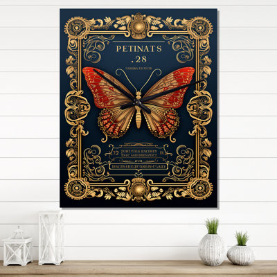 Retro Illustration Of Red Butterfly - Animals Butterfly Wall Clocks