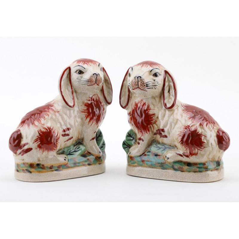 Small Staffordshire Bunny Hares Figurine, Orange, 6.5" H x 6" W x 3" D