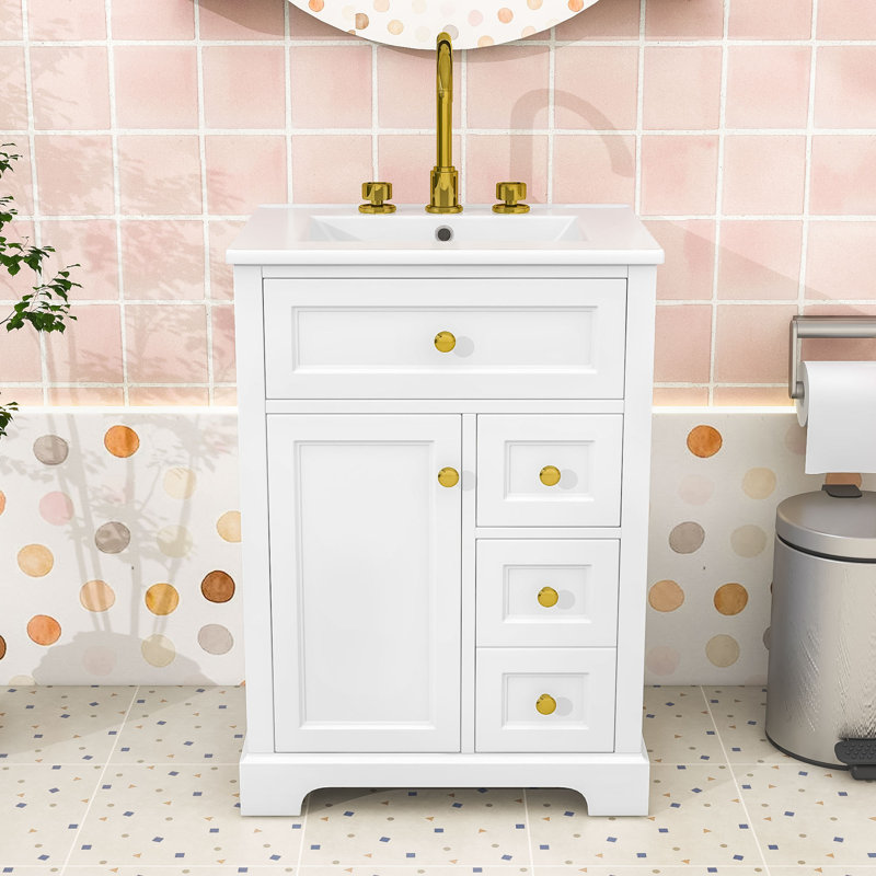 Meuble-lavabo compact compact avec lavabo en céramique lisse, charnières à fermeture en douceur et grand espace de rangement
