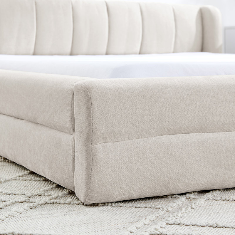 Structure de lit tapissier avec tissu épais, lit plateforme en chenille avec tête de lit et structure solide, Beige