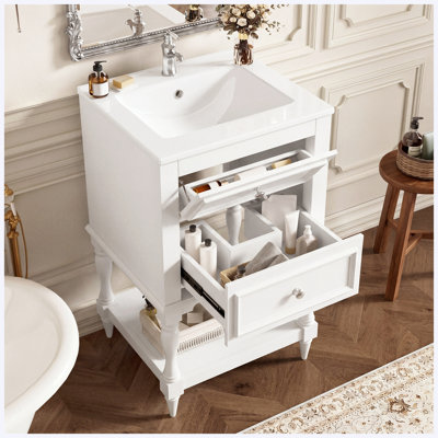 Meuble-lavabo rétro 20 po avec lavabo en céramique, armoire de rangement avec tablette ouverte et 2 tiroirs